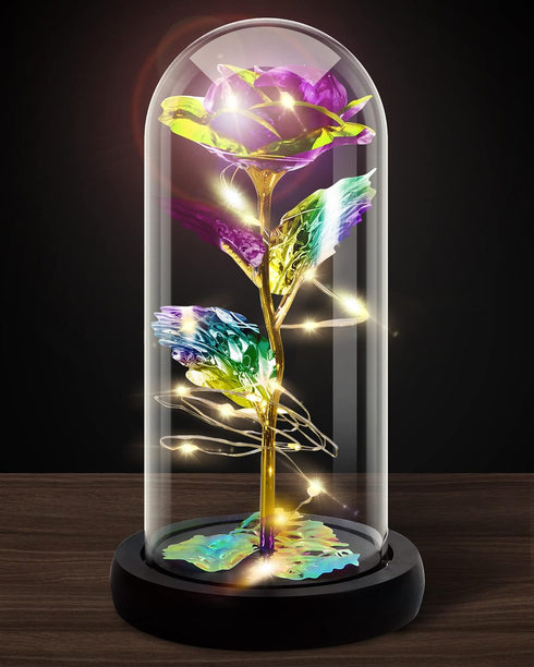 Galaxy Rose Flower for Women, Rainbow Forever Light Up Rose in A Glass Dome